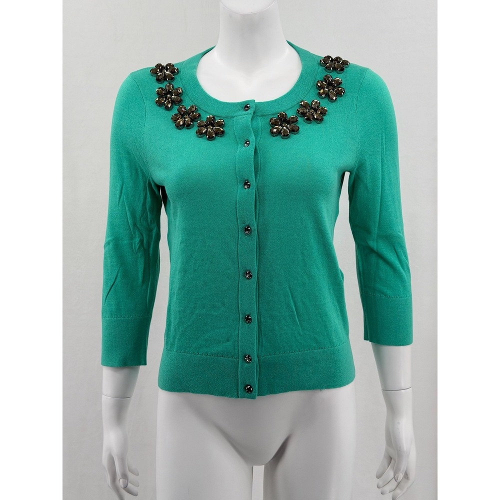 Kate Spade Sweater Womens Medium Green Leni Cardigan Jeweled Preppy Office Work